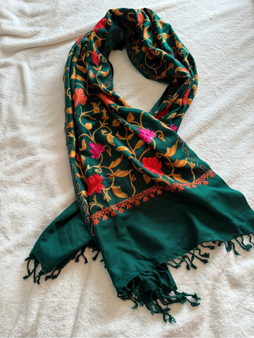 Embroidered Floral Green Scarf - Women Accessories